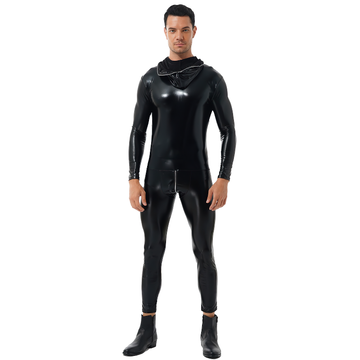 Men's Latex Wet Look Shiny PU Leather Catsuit / Hooded Role Play Skinny Zipper Bodysuit - EVE's SECRETS